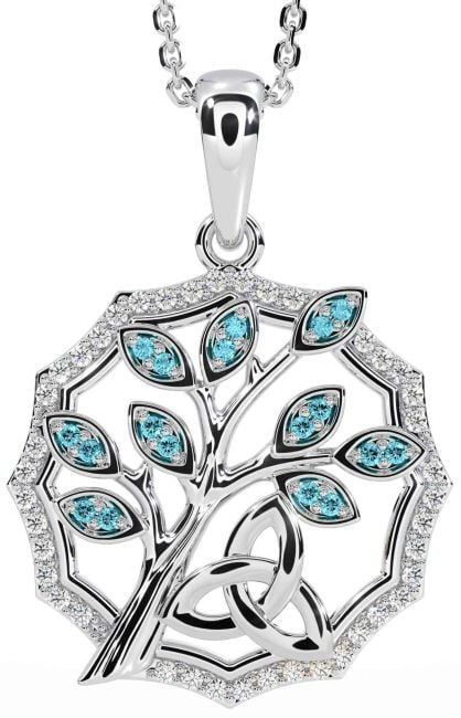 Diamond Aquamarine White Gold Celtic Trinity Knot Tree of Life Necklace