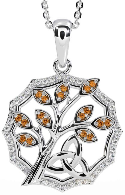 Diamond Citrine White Gold Celtic Trinity Knot Tree of Life Necklace