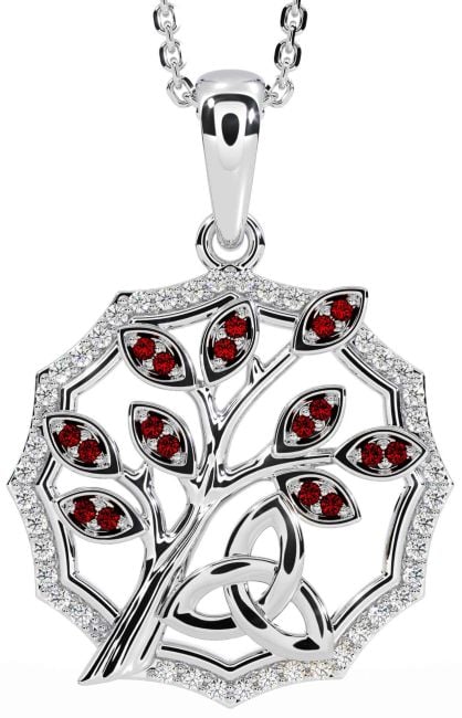 Diamond Garnet White Gold Celtic Trinity Knot Tree of Life Necklace