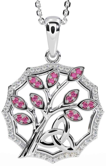 Diamond Pink Tourmaline White Gold Celtic Trinity Knot Tree of Life Necklace