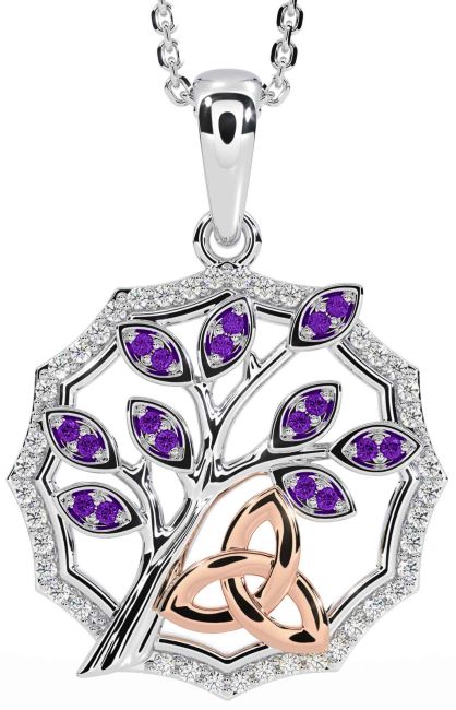 Diamond Amethyst White Rose Gold Celtic Trinity Knot Tree of Life Necklace