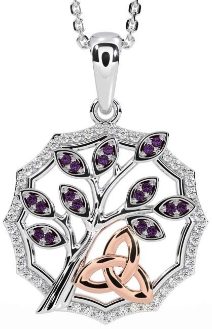Diamond Alexandrite White Rose Gold Celtic Trinity Knot Tree of Life Necklace