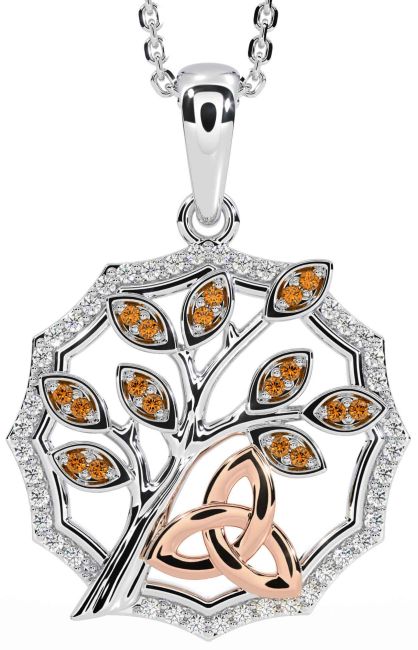 Diamond Citrine White Rose Gold Celtic Trinity Knot Tree of Life Necklace