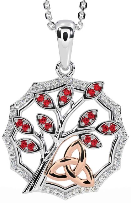Diamond Ruby White Rose Gold Celtic Trinity Knot Tree of Life Necklace
