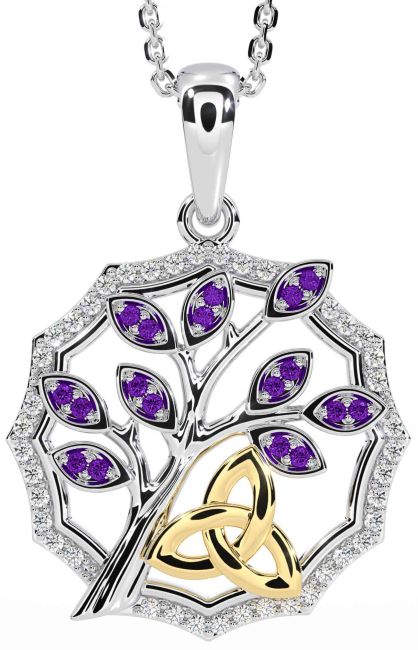 Diamond Amethyst White Yellow Gold Celtic Trinity Knot Tree of Life Necklace