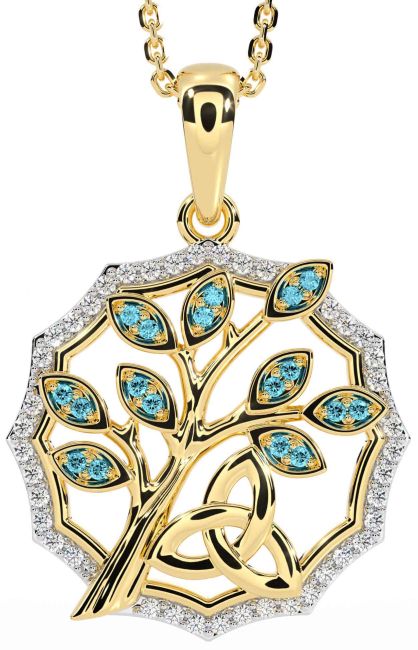 Diamond Aquamarine Gold Celtic Trinity Knot Tree of Life Necklace