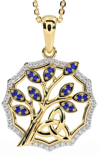 Diamond Sapphire Gold Celtic Trinity Knot Tree of Life Necklace