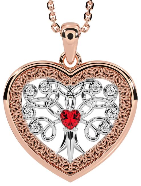 Diamond Ruby Rose Gold Silver Celtic Tree of Life Trinity Knot Heart Necklace