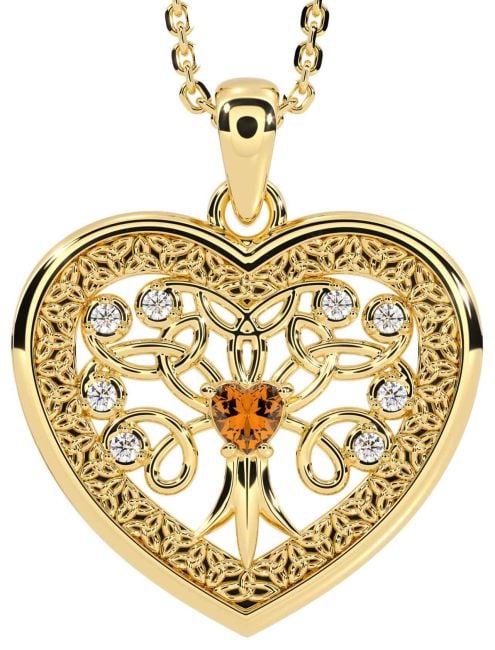Diamond Citrine Gold Silver Celtic Tree of Life Trinity Knot Heart Necklace