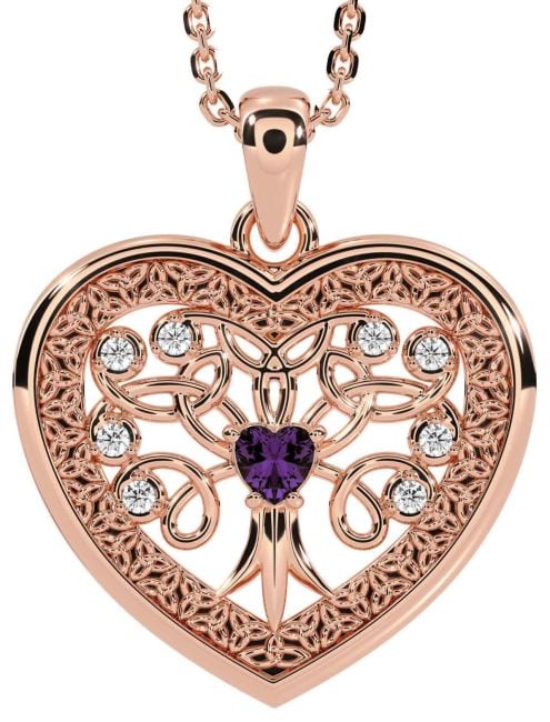 Diamond Alexandrite Rose Gold Celtic Tree of Life Trinity Knot Heart Necklace