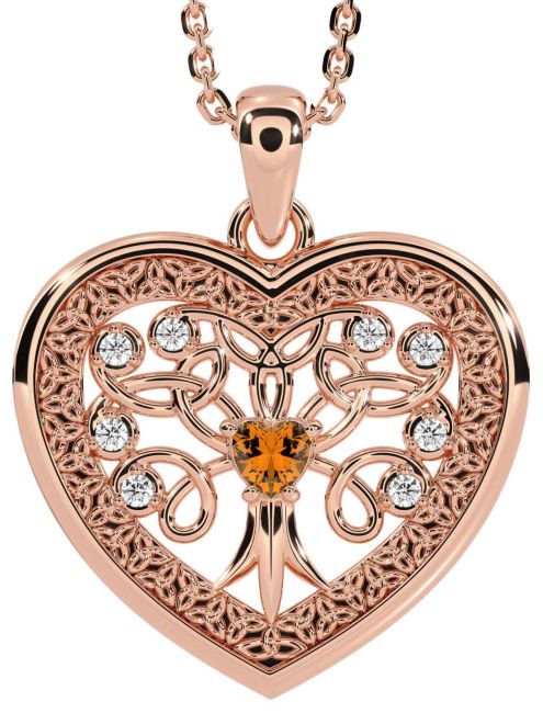 Diamond Citrine Rose Gold Celtic Tree of Life Trinity Knot Heart Necklace