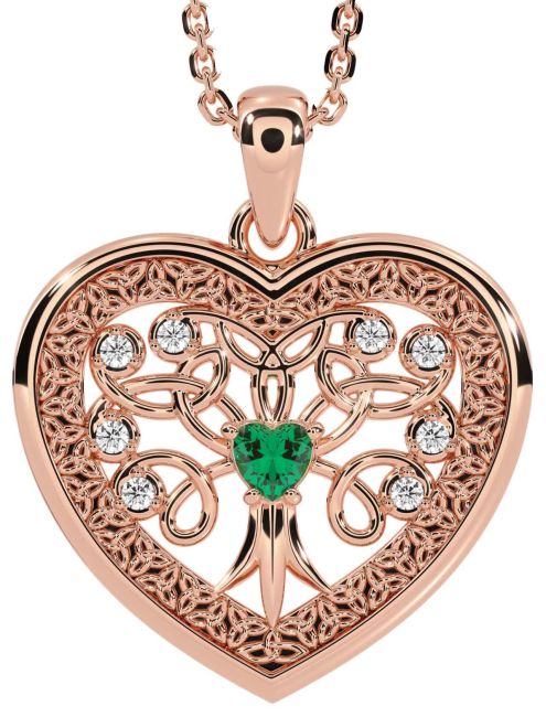 Diamond Emerald Rose Gold Celtic Tree of Life Trinity Knot Heart Necklace