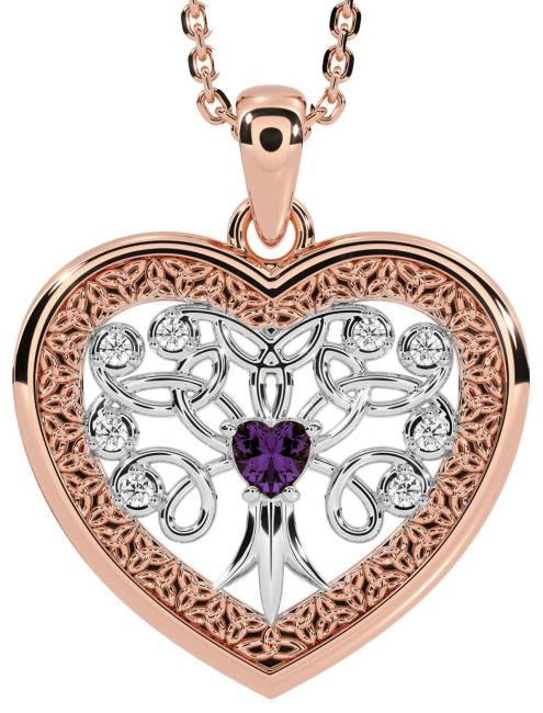 Diamond Alexandrite White Rose Gold Celtic Tree of Life Trinity Knot Heart Necklace