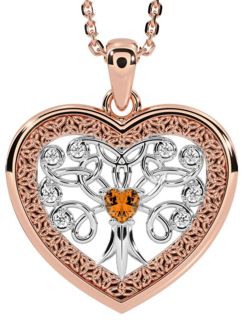 Diamond Citrine White Rose Gold Celtic Tree of Life Trinity Knot Heart Necklace