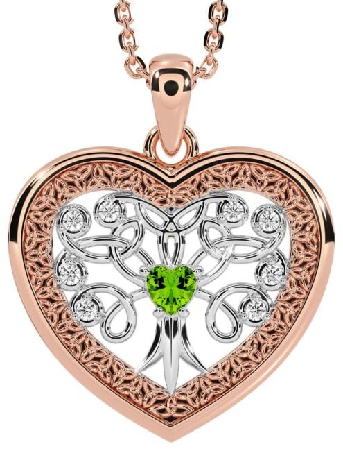 Diamond Peridot White Rose Gold Celtic Tree of Life Trinity Knot Heart Necklace