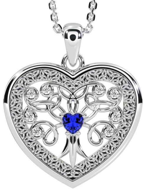 Diamond Sapphire Silver Celtic Tree of Life Trinity Knot Heart Necklace