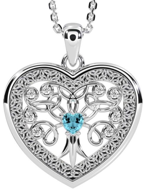 Diamond Aquamarine White Gold Celtic Tree of Life Trinity Knot Heart Necklace