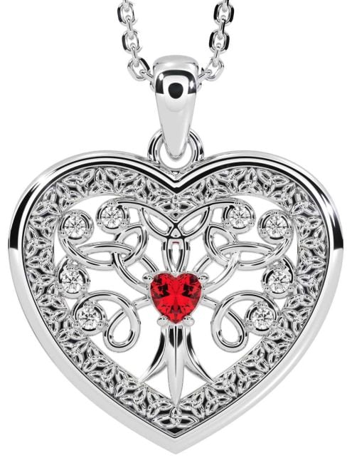 Diamond Ruby White Gold Celtic Tree of Life Trinity Knot Heart Necklace