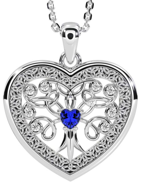 Diamond Sapphire White Gold Celtic Tree of Life Trinity Knot Heart Necklace