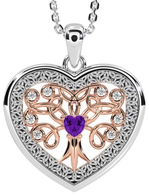 Diamond Amethyst White Rose Gold Celtic Tree of Life Trinity Knot Heart Necklace