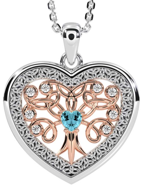 Diamond Aquamarine White Rose Gold Celtic Tree of Life Trinity Knot Heart Necklace