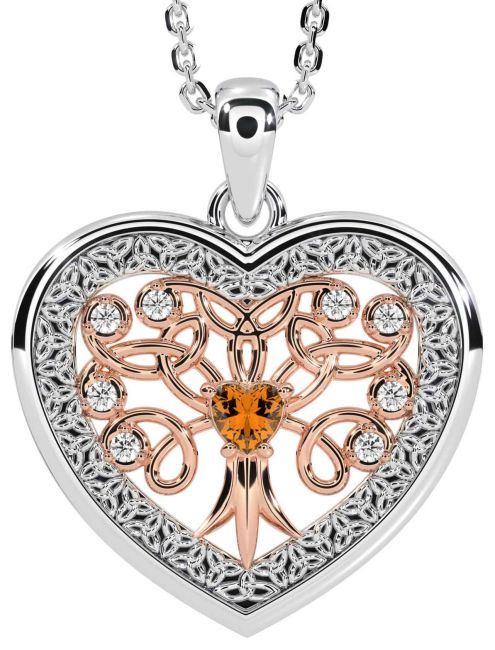 Diamond Citrine White Rose Gold Celtic Tree of Life Trinity Knot Heart Necklace