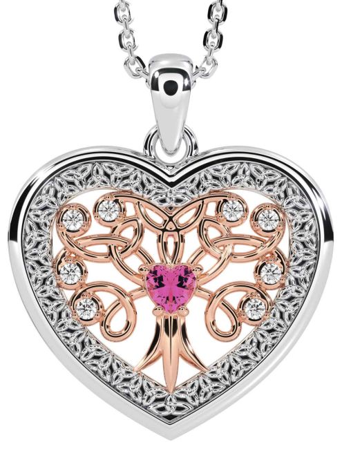 Diamond Pink Tourmaline White Rose Gold Celtic Tree of Life Trinity Knot Heart Necklace