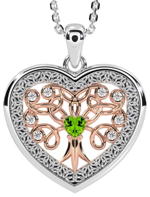 Diamond Peridot White Rose Gold Celtic Tree of Life Trinity Knot Heart Necklace