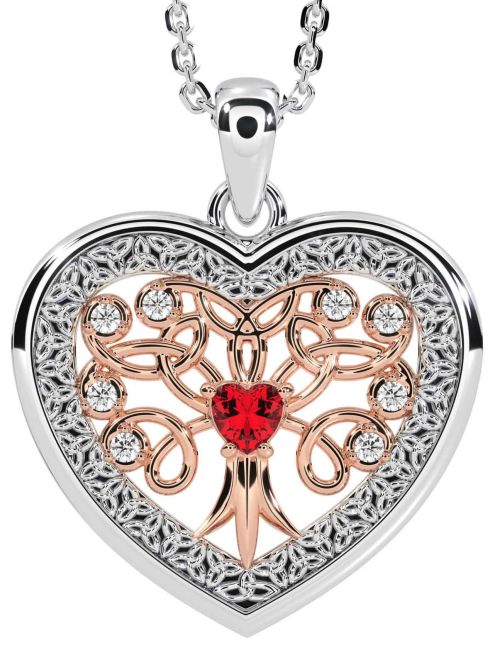 Diamond Ruby White Rose Gold Celtic Tree of Life Trinity Knot Heart Necklace