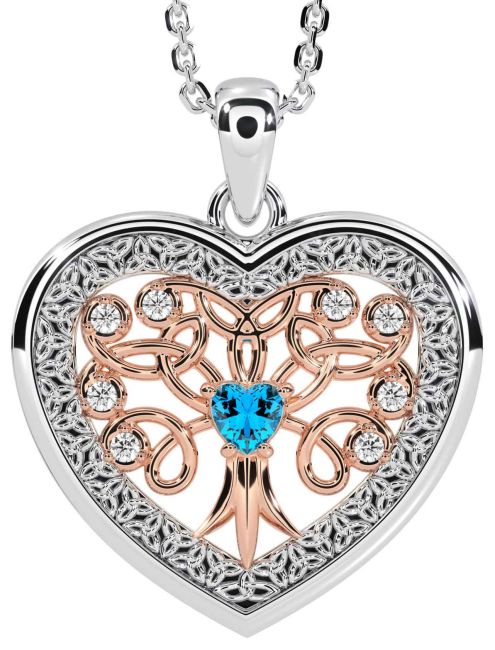 Diamond Topaz White Rose Gold Celtic Tree of Life Trinity Knot Heart Necklace