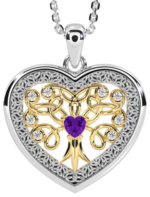 Diamond Amethyst White Yellow Gold Celtic Tree of Life Trinity Knot Heart Necklace