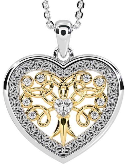 Diamond White Yellow Gold Celtic Tree of Life Trinity Knot Heart Necklace