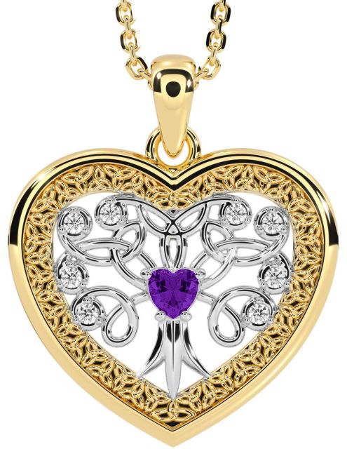 Diamond Amethyst White Yellow Gold Celtic Tree of Life Trinity Knot Heart Necklace