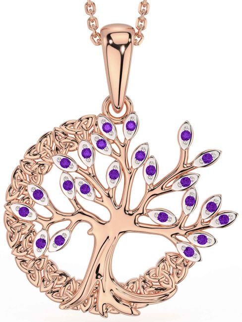 Amethyst Rose Gold Silver Celtic Tree of Life Trinity Knot Necklace