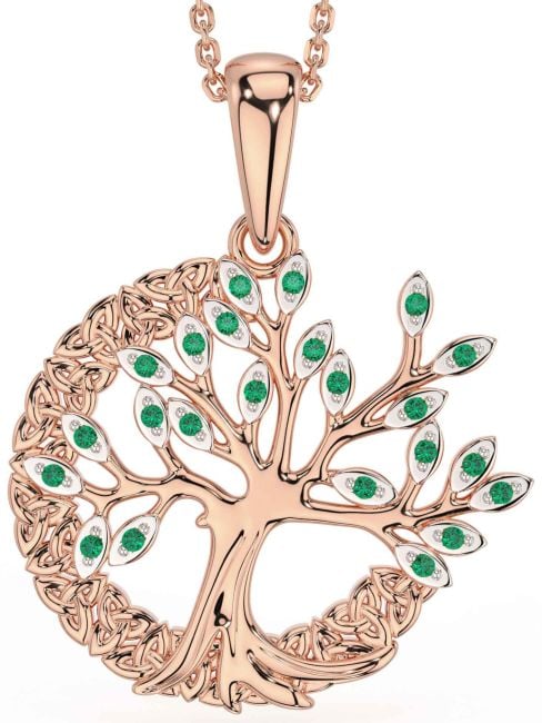 Emerald Rose Gold Silver Celtic Tree of Life Trinity Knot Necklace