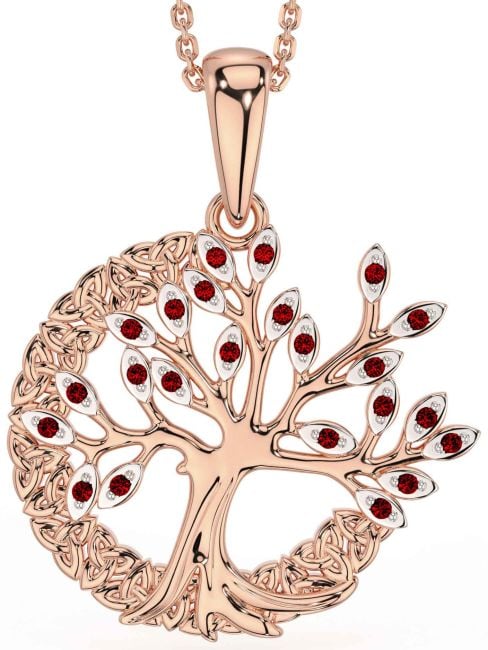 Garnet Rose Gold Silver Celtic Tree of Life Trinity Knot Necklace