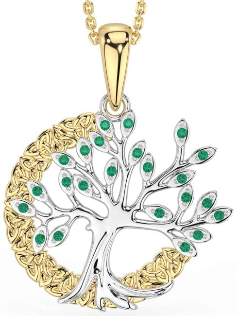 Emerald Gold Silver Celtic Tree of Life Trinity Knot Necklace