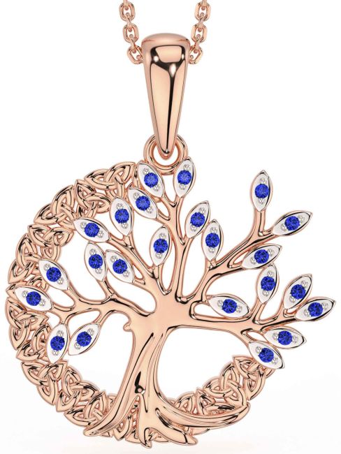 Sapphire Rose Gold Celtic Tree of Life Trinity Knot Necklace
