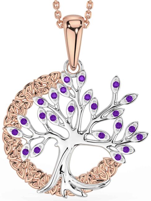 Amethyst White Rose Gold Celtic Tree of Life Trinity Knot Necklace