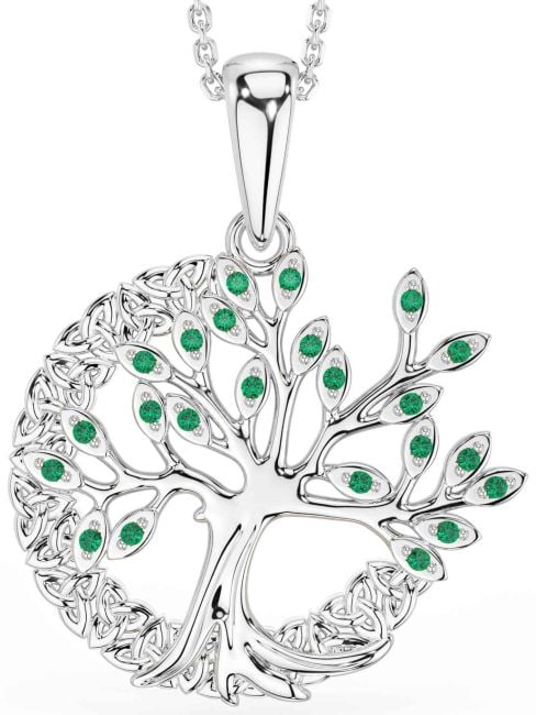 Emerald Silver Celtic Tree of Life Trinity Knot Necklace