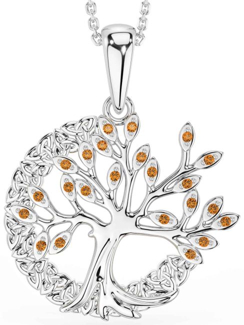 Citrine White Gold Celtic Tree of Life Trinity Knot Necklace