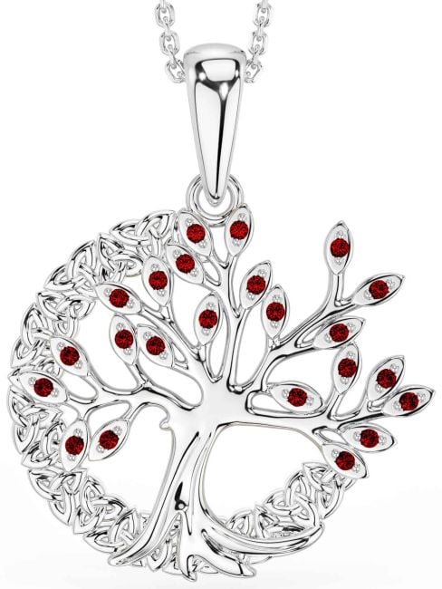Garnet White Gold Celtic Tree of Life Trinity Knot Necklace