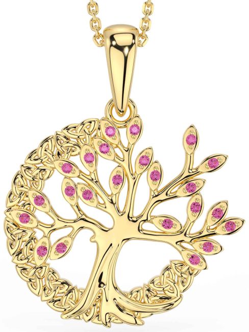 Pink Tourmaline Gold Celtic Tree of Life Trinity Knot Necklace
