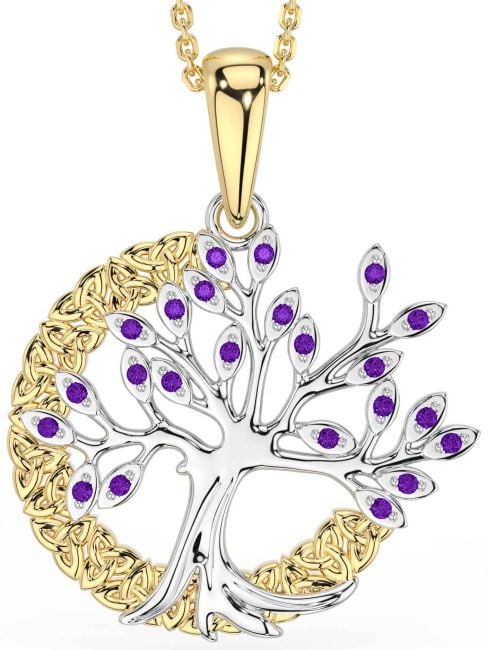 Amethyst White Yellow Gold Celtic Tree of Life Trinity Knot Necklace
