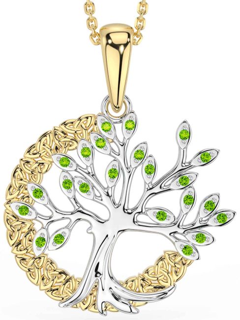 Peridot White Yellow Gold Celtic Tree of Life Trinity Knot Necklace