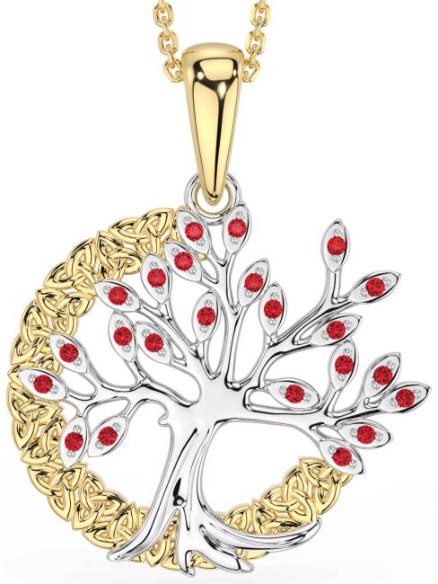 Ruby White Yellow Gold Celtic Tree of Life Trinity Knot Necklace