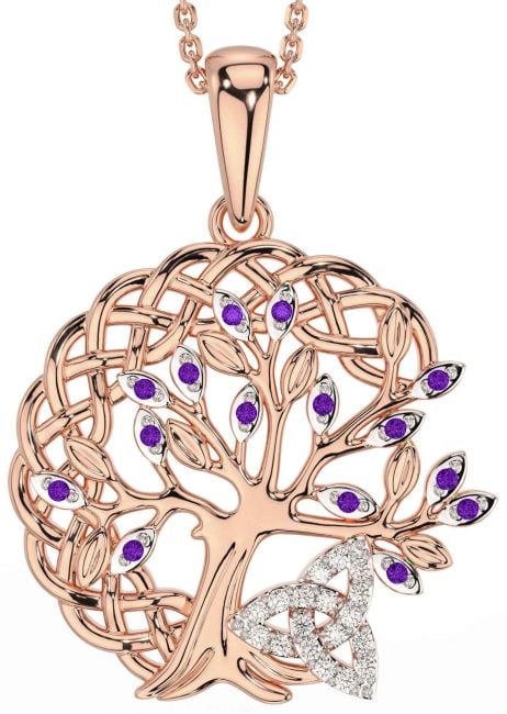 Diamond Amethyst Rose Gold Silver Celtic Trinity Knot Tree of Life Necklace