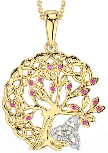 Diamond Pink Tourmaline Gold Silver Celtic Trinity Knot Tree of Life Necklace