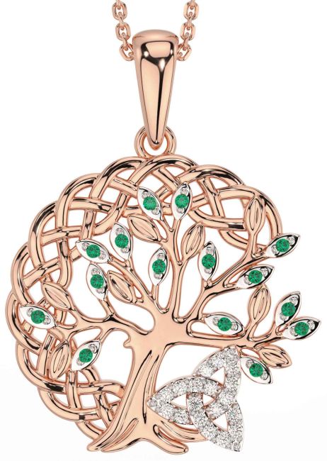 Diamond Emerald Rose Gold Celtic Trinity Knot Tree of Life Necklace
