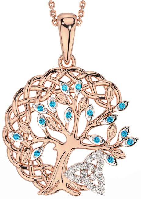 Diamond Topaz Rose Gold Celtic Trinity Knot Tree of Life Necklace
